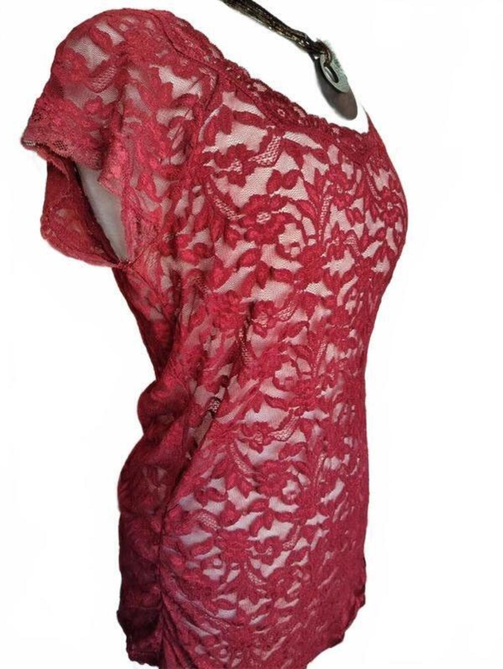 Moda International y2k Burgundy Lace Short Sleeve Women's LG